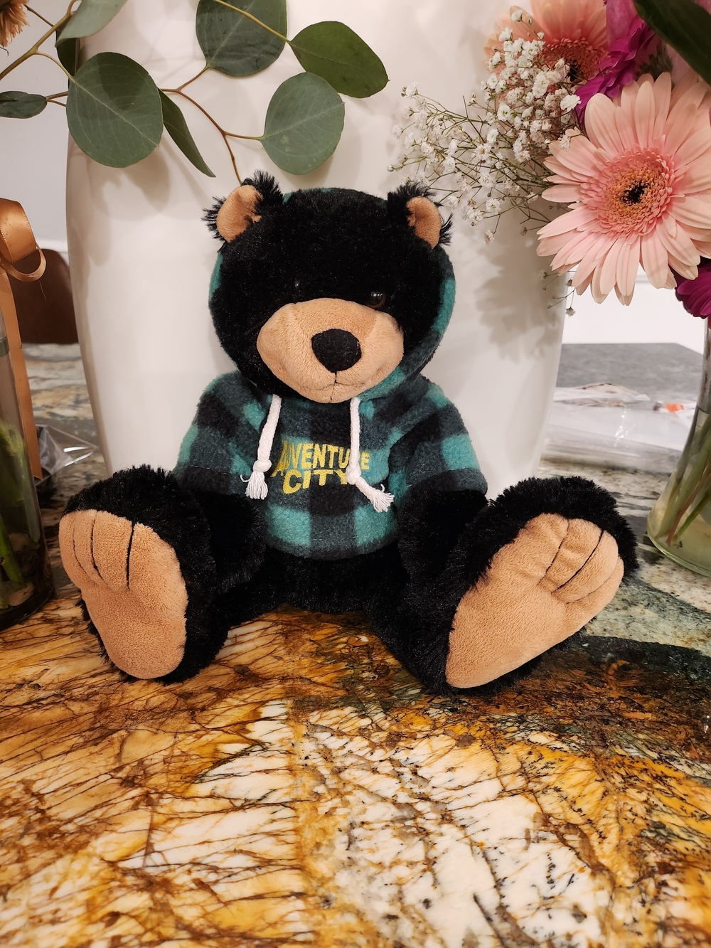 Adventure City Black & Green Plaid Bear Plush with Hoodie
